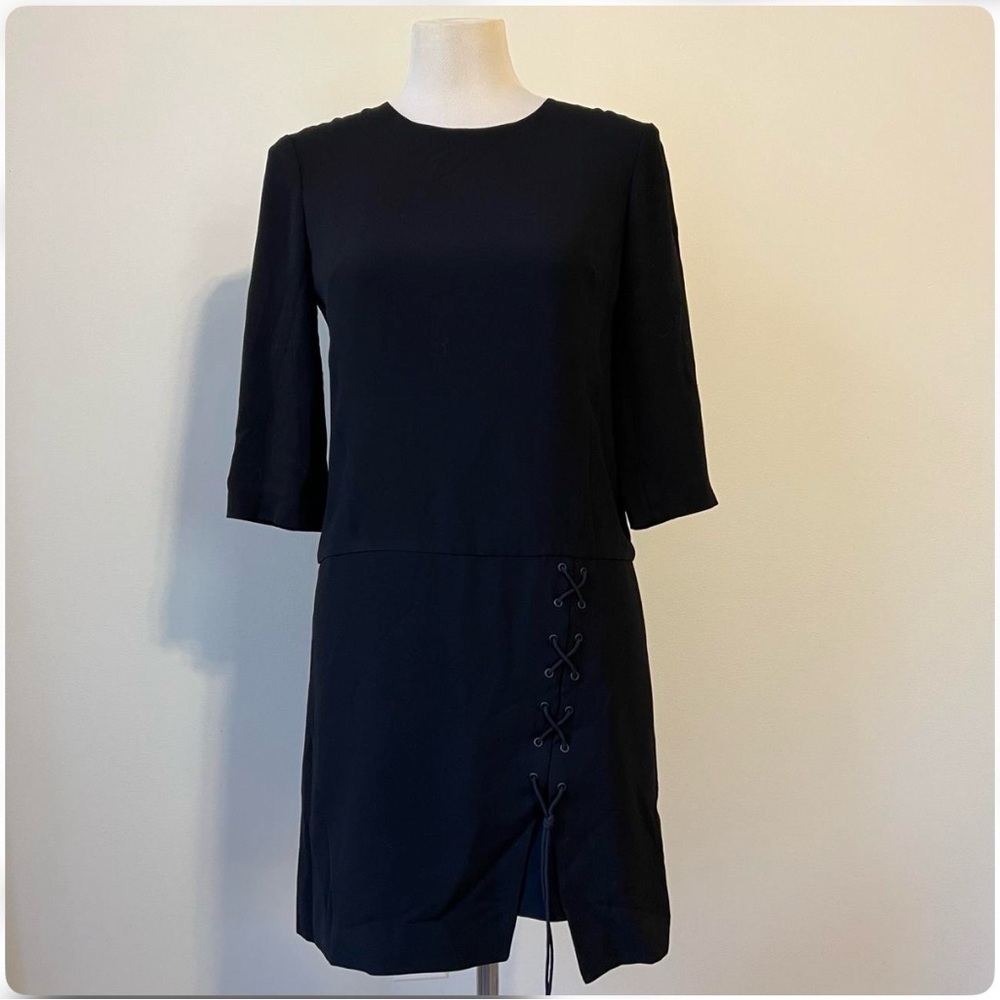 Tibi Black Lace Up Slit Dress Size 0 Gold Zip Back edgy mini lbd women’s